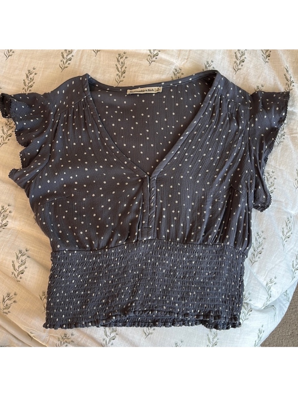 Abercrombie & Fitch Dusty Blue Polka Dot V-Neck Smocked-Waist Top